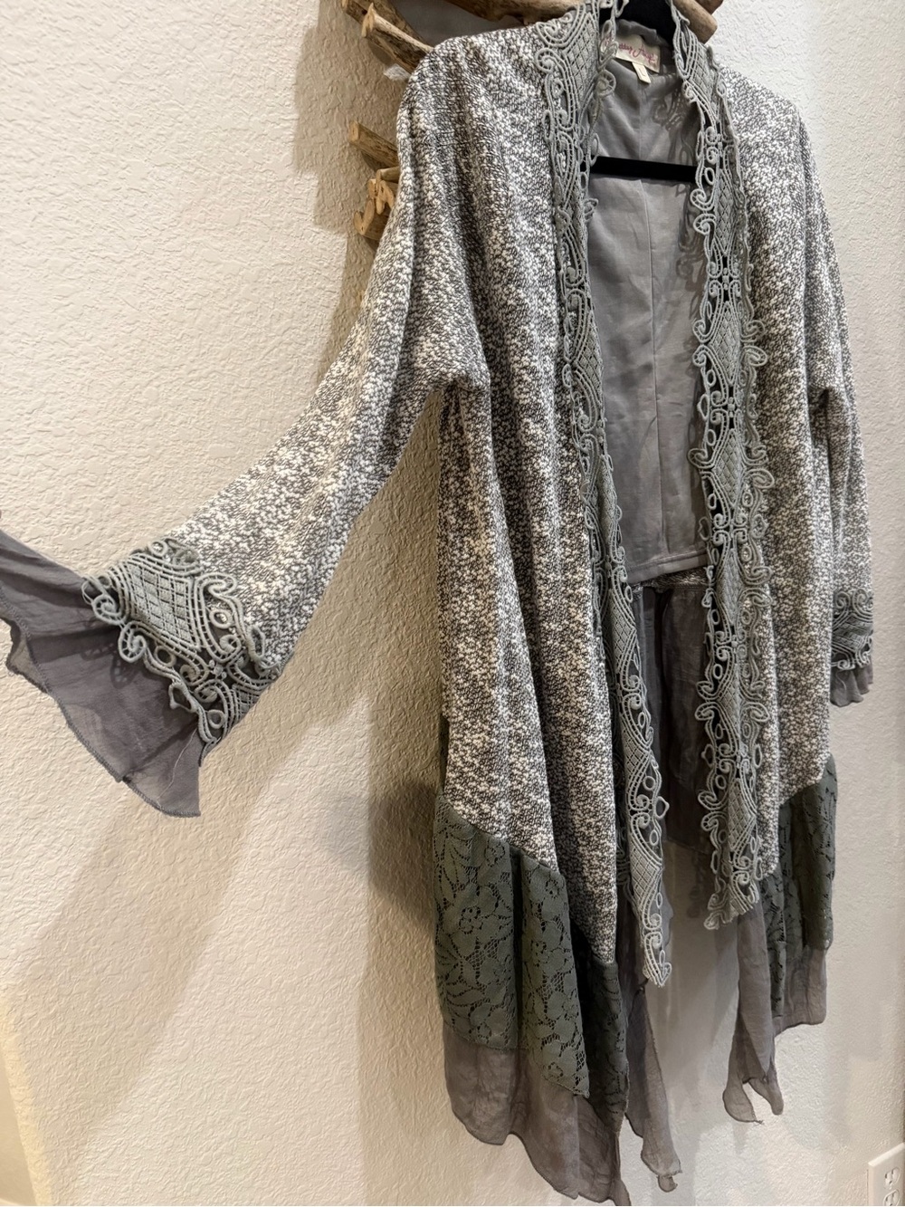 PRETTY ANGEL Gray Layered Open Front Cardigan Lace SZ L boho western top